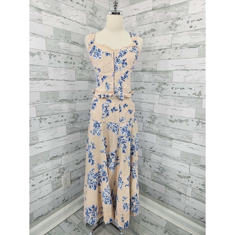 Reformation Anatolia Linen Two Piece Set Blue Floral Toile Midi Skirt Top 12